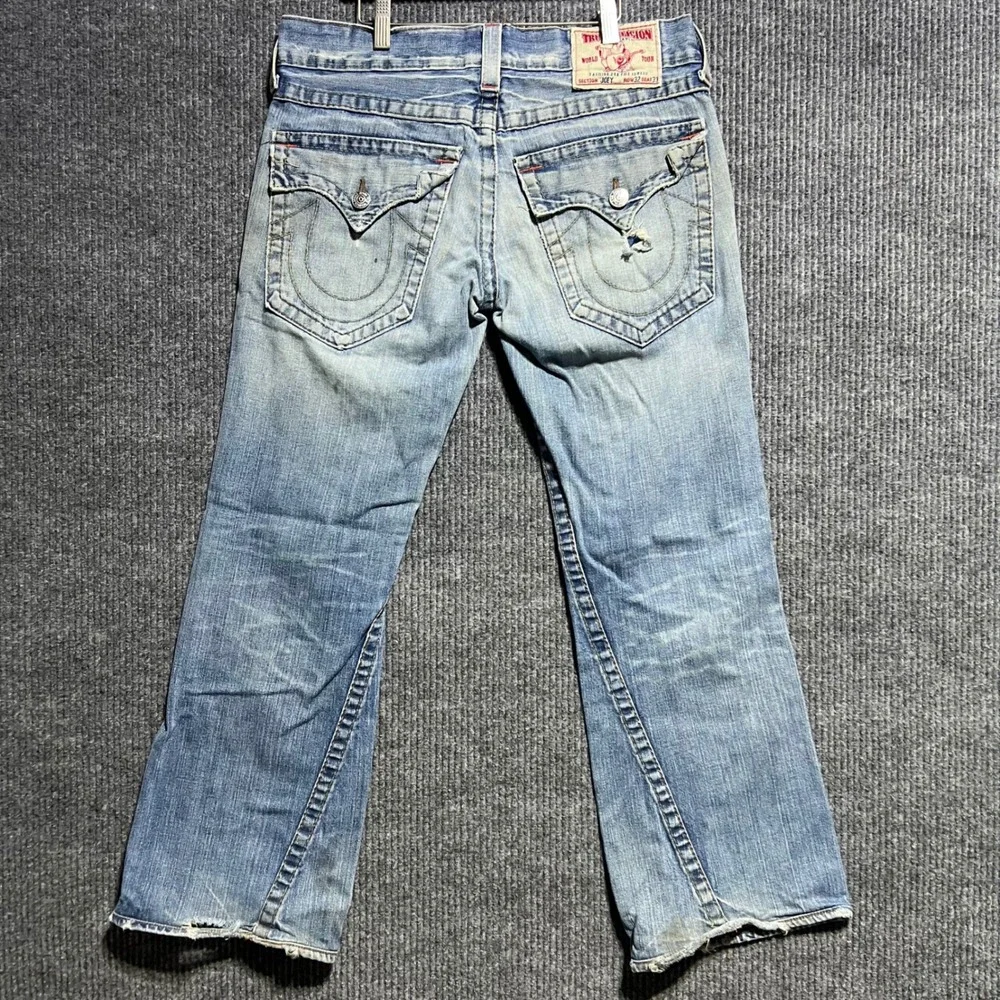 True Religion Joey Jeans Mens 32 Blue Distressed Flare Twisted Seam Made in USA